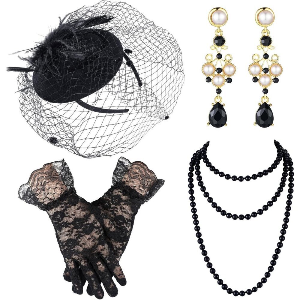 Fascinator Hat Mesh Veil Lace Gloves Necklace Earrings Set Women Funeral